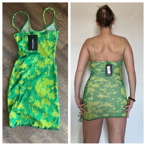 PrettyLittleThing Bodycon Dress Green Tie Dye NEW US 2 Club - Picture 7 of 12